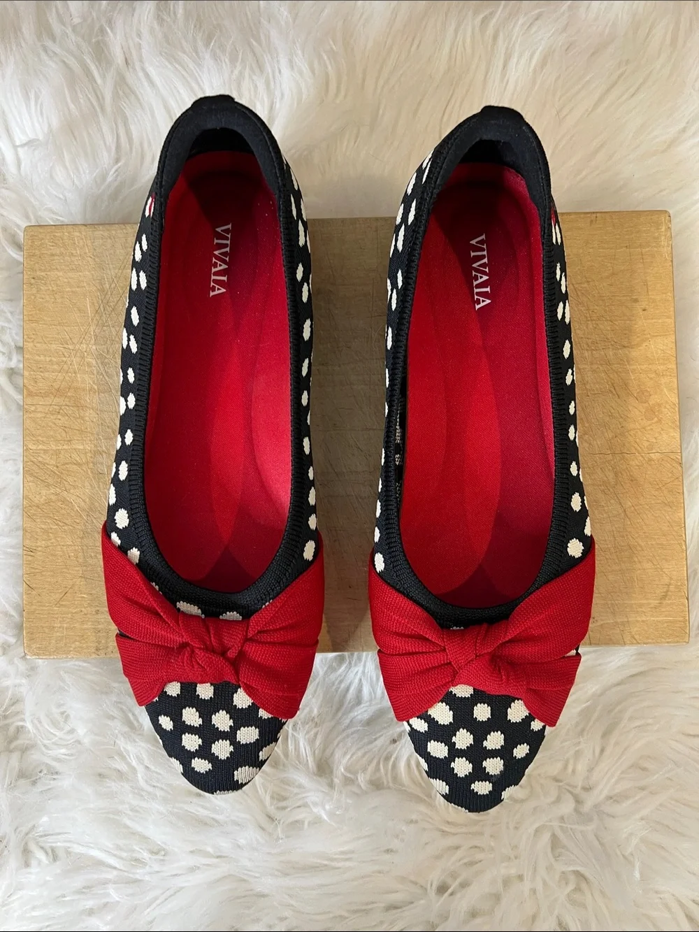 Vivaia Bibi Stretch Knit Almond Toe Ballet Flats Abstract Dots with Red Bow